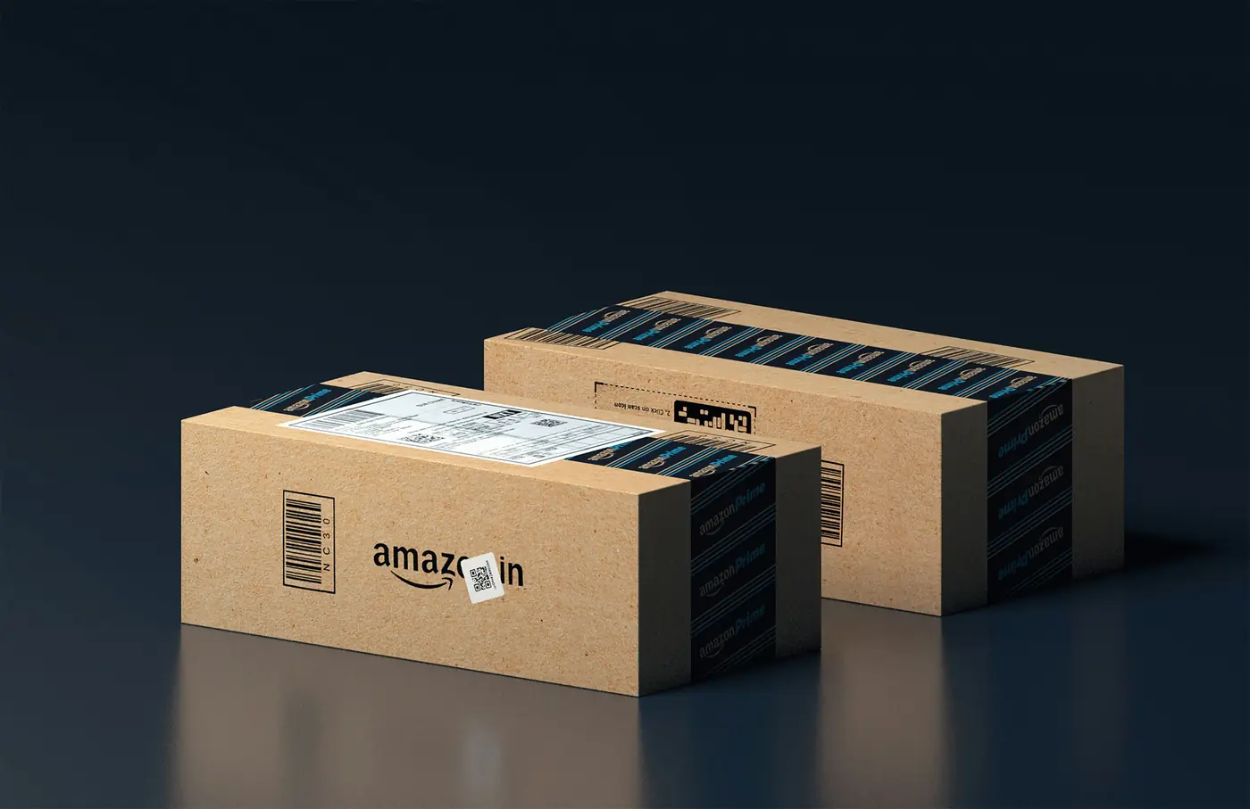 Amazon Prime shipping boxes on a dark background